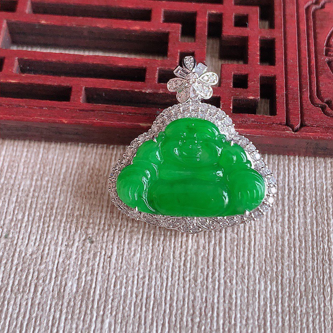 缅甸天然A货玉石翡翠 老坑冰种 手工精雕 18K金伴钻阳绿佛公吊坠