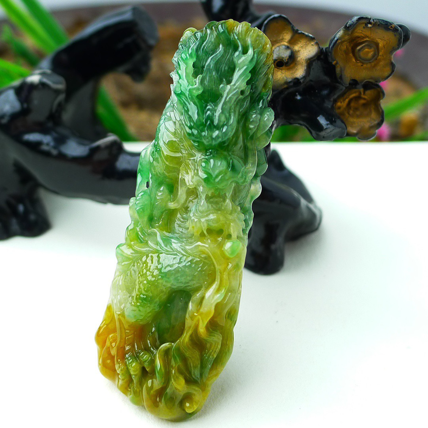 缅甸天然A货玉石翡翠 老坑冰种手工精雕黄加绿 翡翠龙柱吊坠