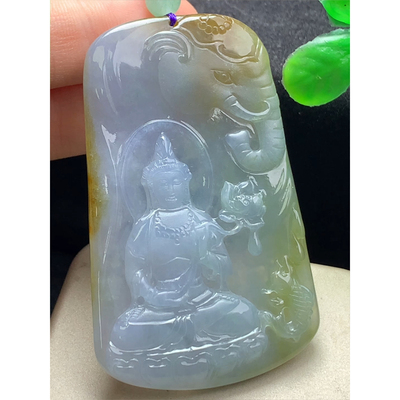 缅甸天然A货玉石翡翠 老坑冰种 手工精雕 黄翡普贤菩萨吊坠