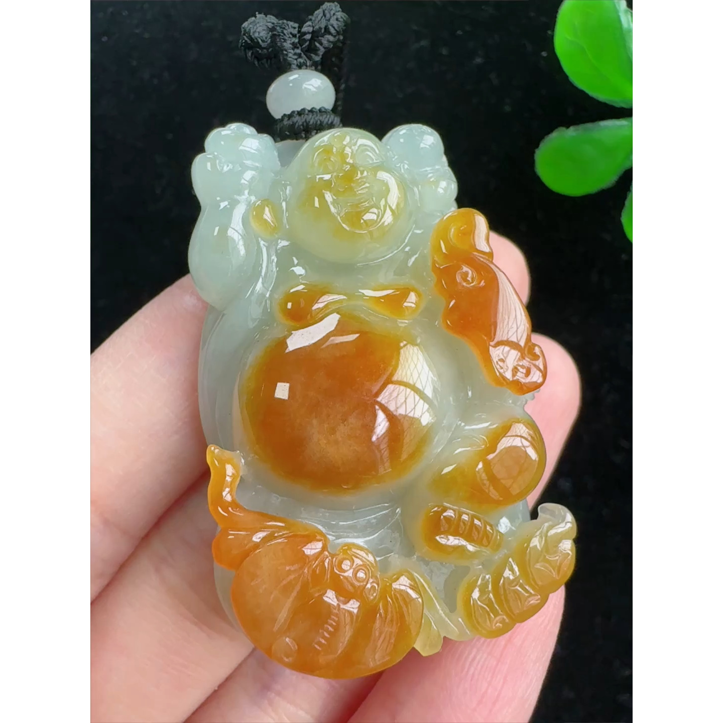 缅甸天然A货玉石翡翠 老坑冰种手工精雕布袋佛吊坠