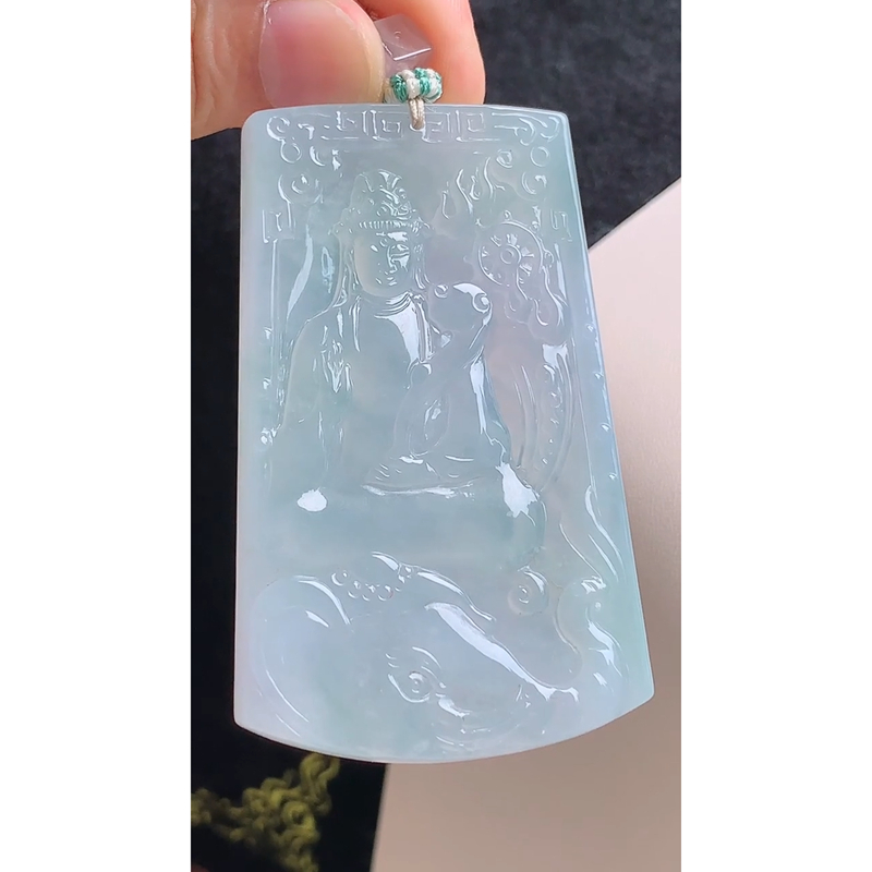 缅甸天然A货玉石翡翠 老坑精雕冰种 手工雕刻普贤菩萨吊坠