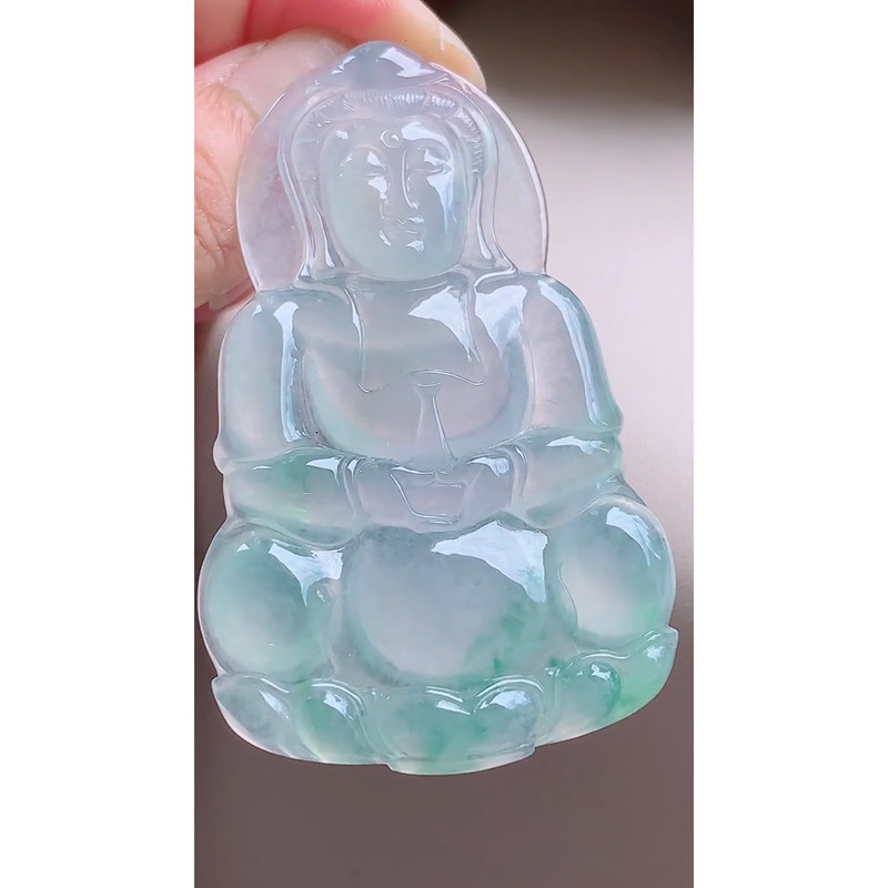 缅甸天然A货玉石翡翠 老坑精雕冰种 手工雕刻飘花观音 吊坠