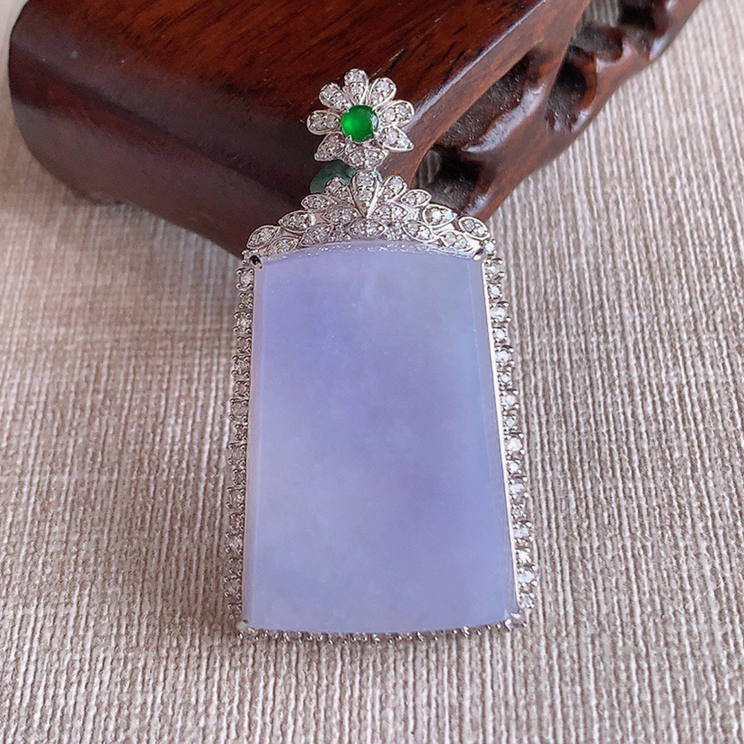 缅甸天然A货玉石翡翠老坑冰种手工精雕18K金伴钻紫罗兰无事牌吊坠