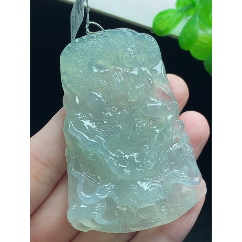 缅甸天然A货玉石翡翠 老坑冰种手工精雕御龙观音吊坠