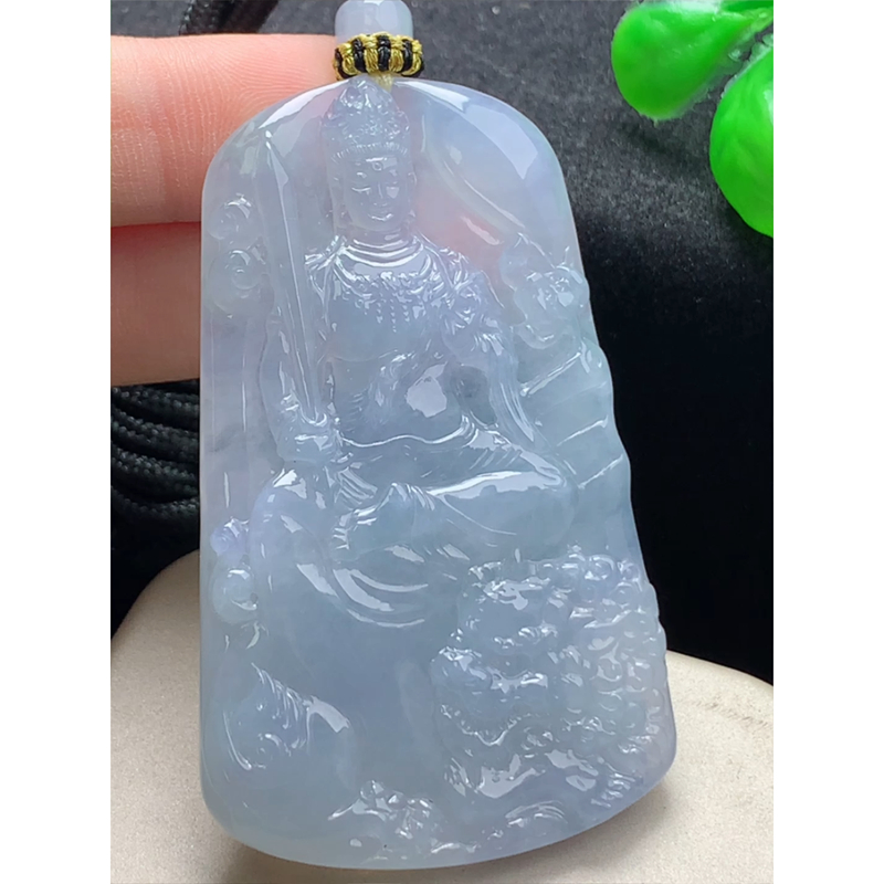 缅甸天然A货玉石翡翠 老坑冰种 手工精雕 冰紫底文殊菩萨吊坠