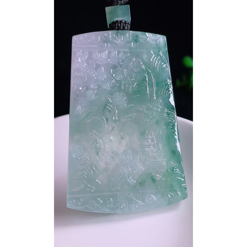 缅甸天然A货玉石翡翠 老坑精雕冰种 手工雕刻 飘花山水牌吊坠