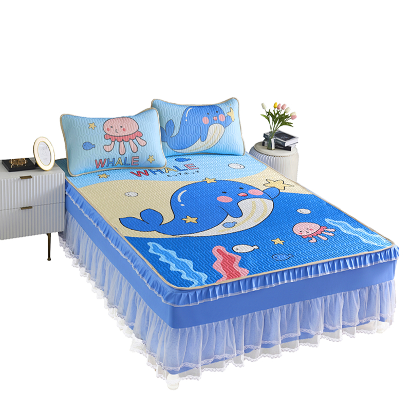 床裙式乳胶凉席三件套1.8m床夏季卡通冰丝可水洗折叠1.5软席2.0米