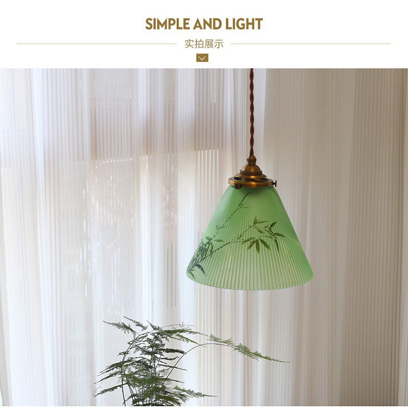 复古绿色百褶玻璃吊灯古铜古银色灯具茶室 餐厅卧室阳台 文艺灯具