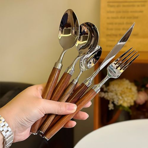 花梨木西餐具套装!1810不锈钢喝汤吃饭主餐勺牛排刀沙拉叉甜品勺