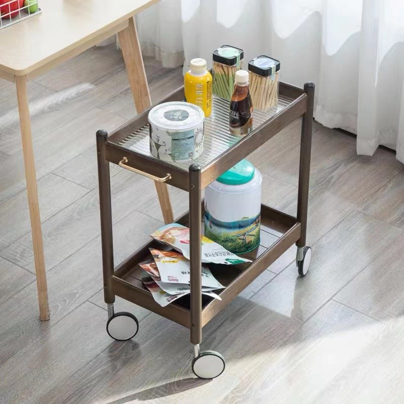 带轮可移动沙发边几实木s床头柜小边桌侘寂风小推车置物架玻璃茶