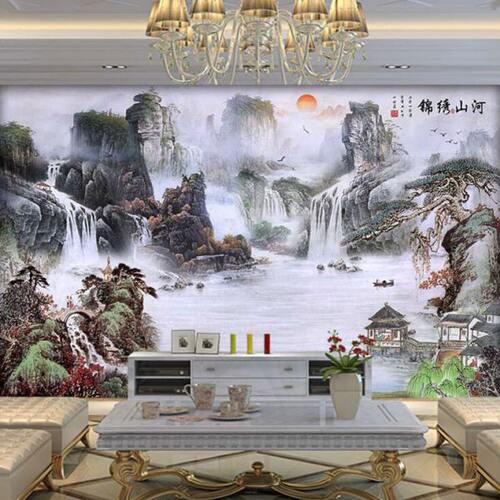 新中式山水画风景墙纸3D客厅办公室壁画电视背景墙壁纸水墨画墙布