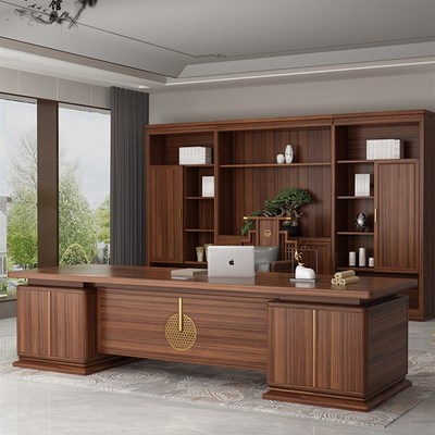 新中式大班台办公桌老板桌实木大气总裁经理桌办W公室家具定制
