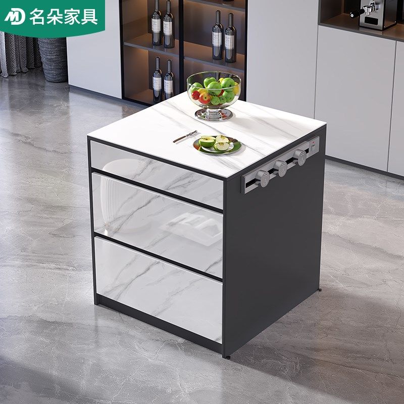轻奢岩板岛台餐桌一体家用现代厨房多功能插座吧台茶桌餐边柜5E26