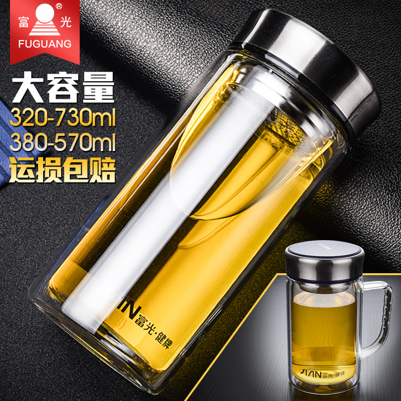 富光双层健牌玻璃大容量水杯500ml便携带把大号泡茶带盖加厚茶杯 餐饮具 玻璃杯 原图主图