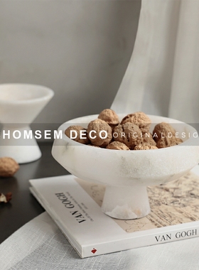 侘寂风白色云石果盘售楼处样板间高端仿I玉石高脚收纳托盘装饰摆