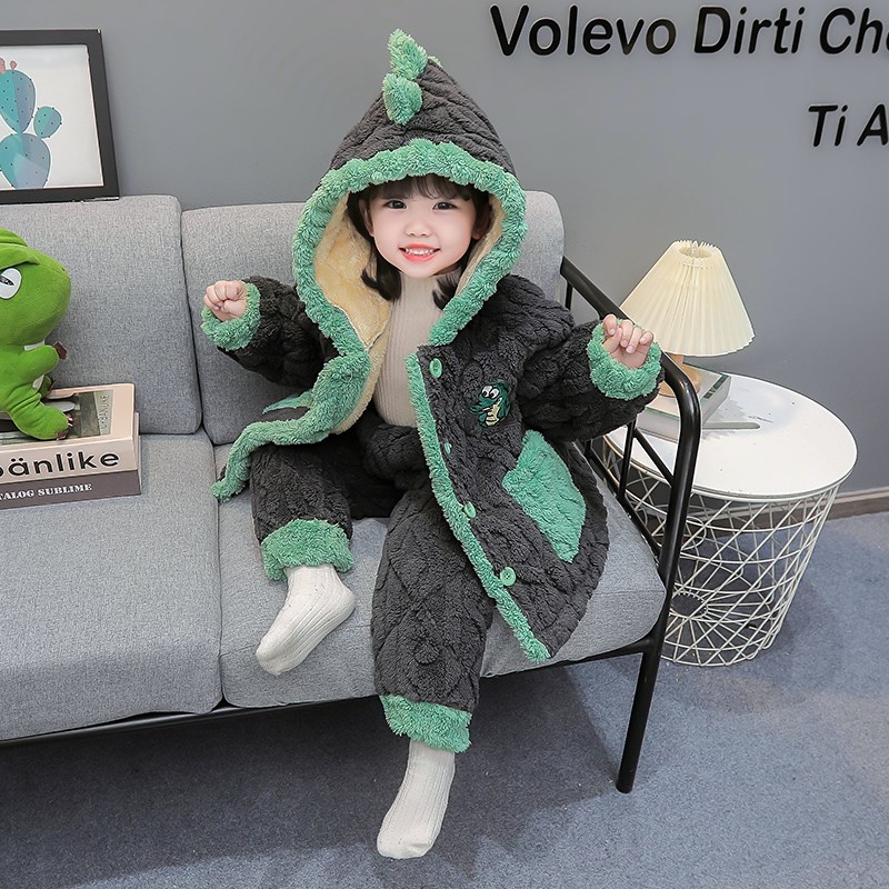 女童睡衣儿童珊瑚绒三层夹棉x加厚冬季新款婴幼儿宝宝法兰绒家居