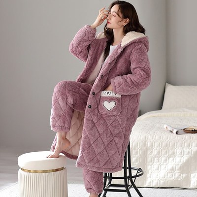 超厚睡袍女冬季加厚长款睡衣带y裤珊瑚绒夹棉法兰绒家居服外套冬