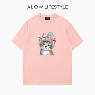 【正品】ALOW LIFESTYLE生活系列 女装手绘咪咪 宽松纯棉短袖t恤