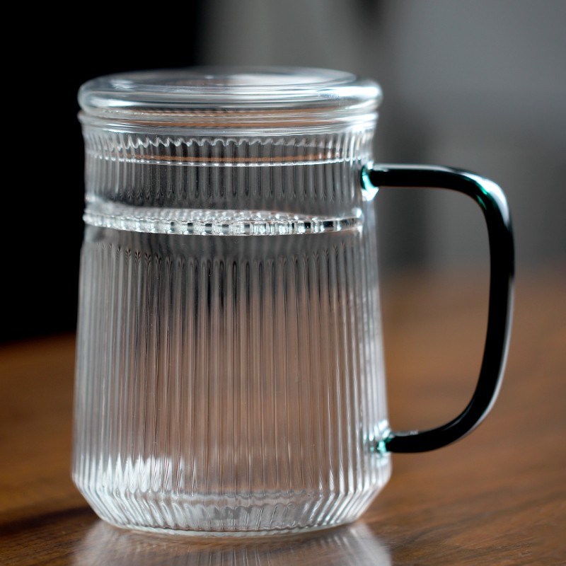 耐热玻璃茶杯 竖纹带盖月牙杯绿茶杯茶水分离泡茶杯大容量500ml