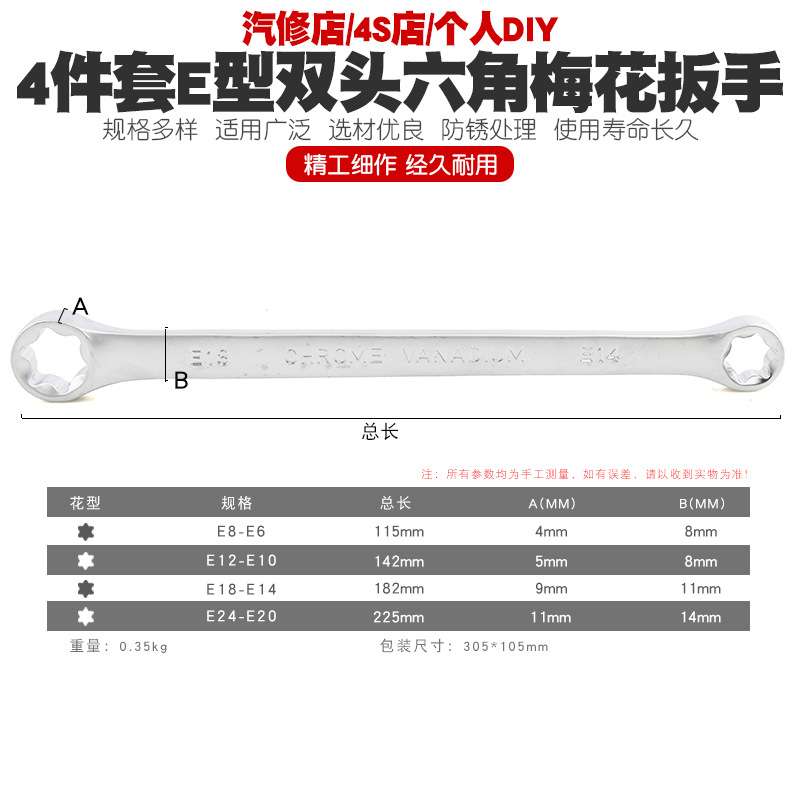 工业级E型双头内六角梅花形扳手套筒汽修工具扳手组套装E6-E24mm