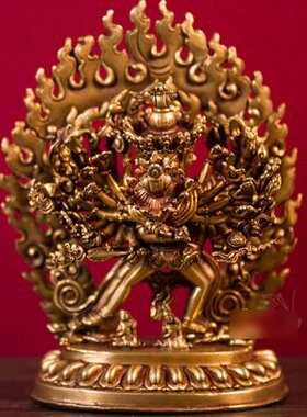 尼泊尔手工居家桌面全鎏金时轮金刚铜像摆件带背光5寸