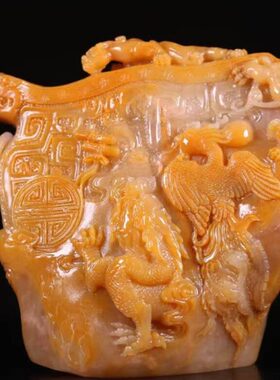 福建寿山田黄石龙凤杯摆件家居办公装饰摆设原石手作浮雕工艺收藏