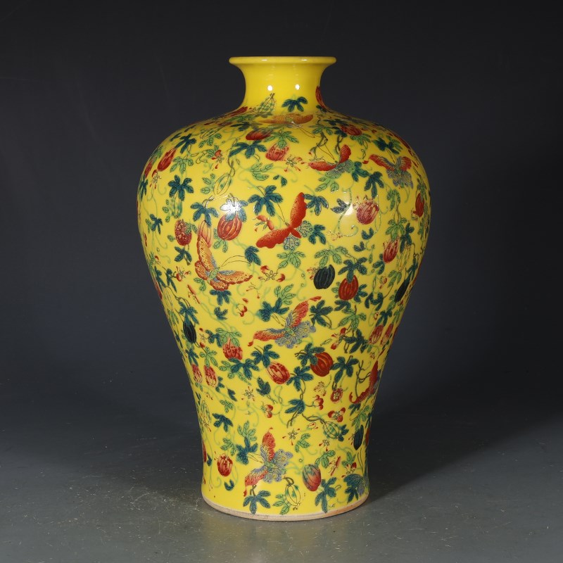 大清干隆黄地粉彩纹瓜果梅瓶古z董古玩收藏品包老保真老货瓷器摆