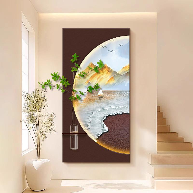 日照金山玄关装饰画水培绿植发光画竖版沙岩画高级感灯立体实物画