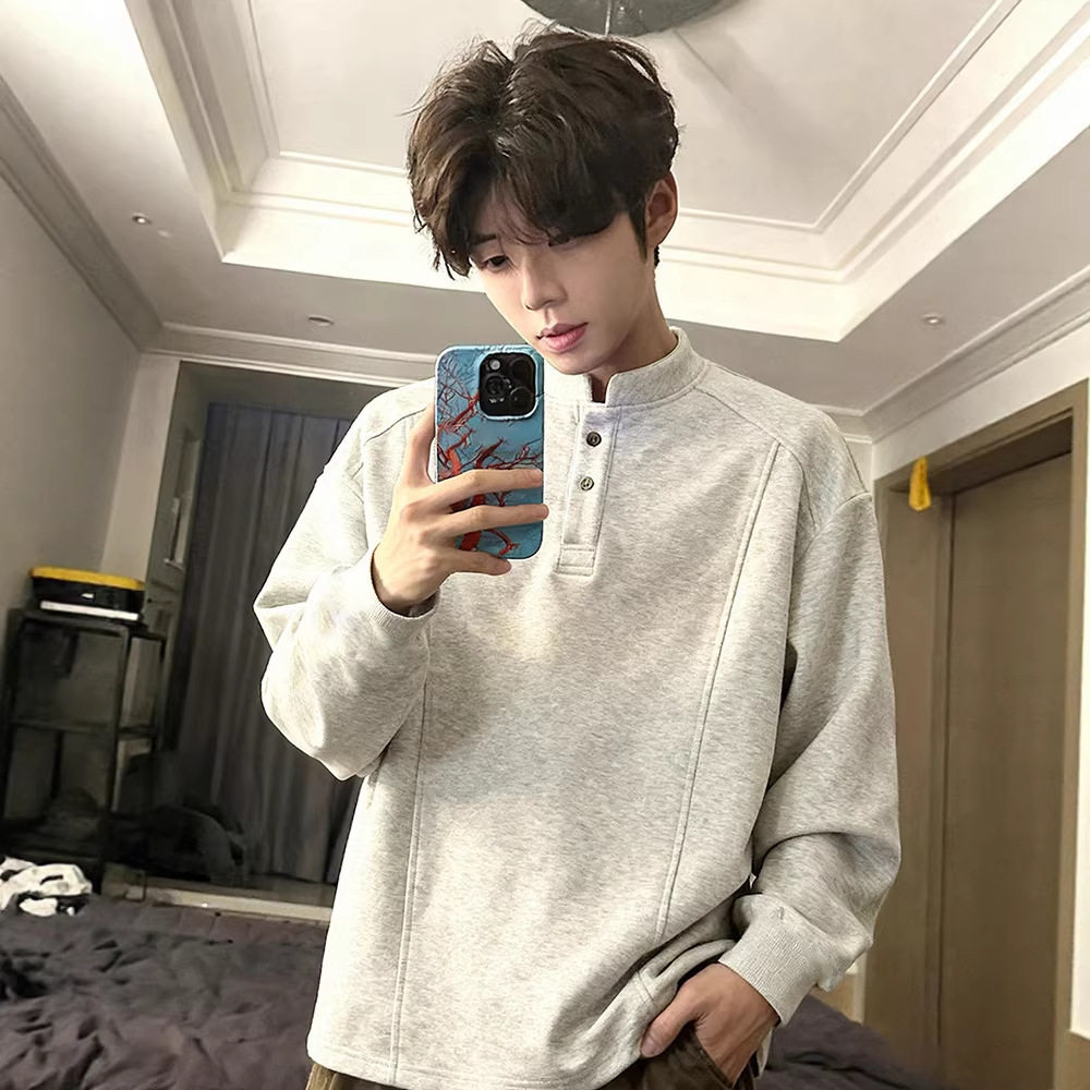 白色美式亨利领卫衣男款秋冬加绒加厚长袖t恤正肩重磅内搭打底衫D