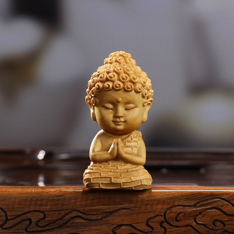 黄杨木雕中式莲花底座释迦牟尼手把件Q版宝宝佛神像摆件家居饰品