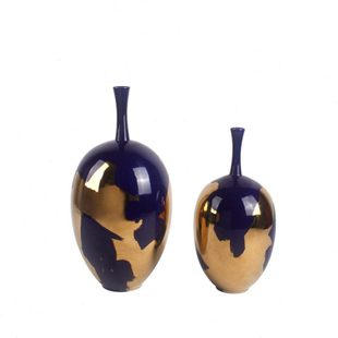 后现代家居样板间饰品新古典陶瓷烫金高光釉配饰蓝金小口装饰花瓶