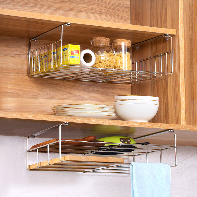 304不锈钢橱柜内置物架下挂架 吊柜下挂篮厨房隔板碗柜收纳分层架