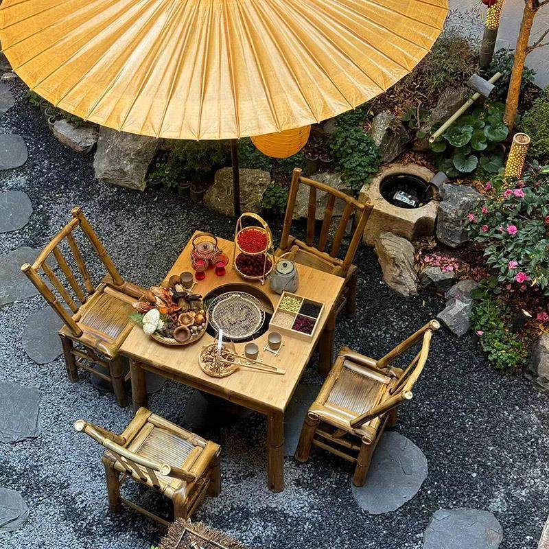 围炉煮茶竹子餐桌商用火锅桌中式复古竹桌椅组合正方桌子竹子桌子