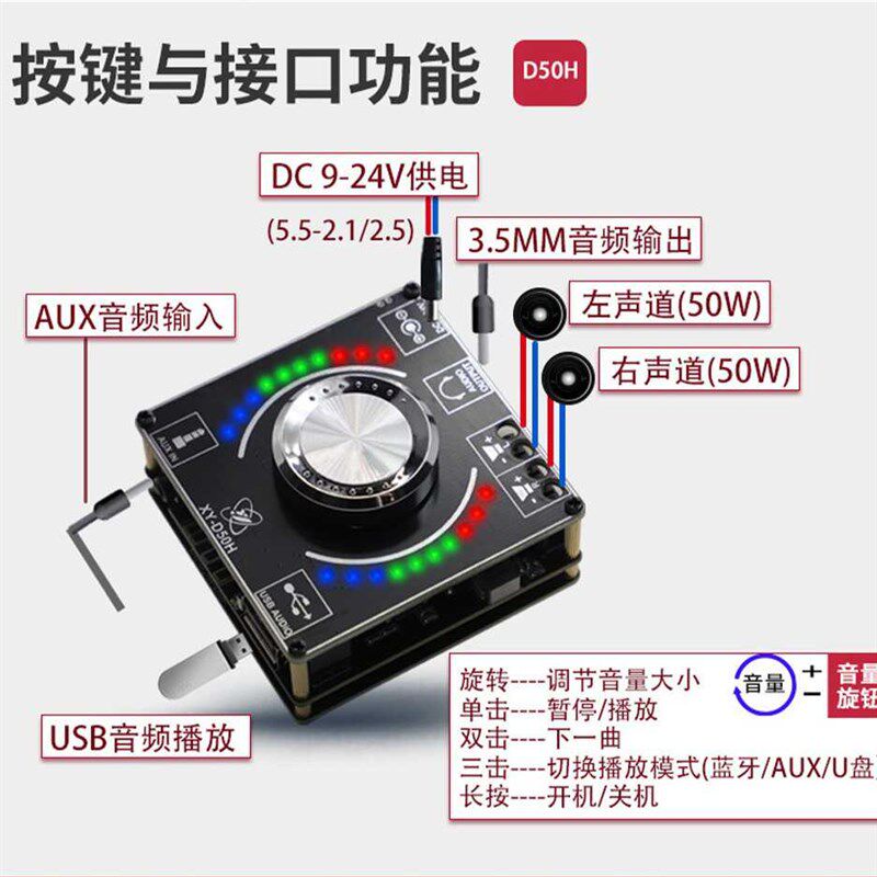 HIFI级50W*2立体声蓝牙功放板TPA3116模块音量频谱音乐节奏灯D50H