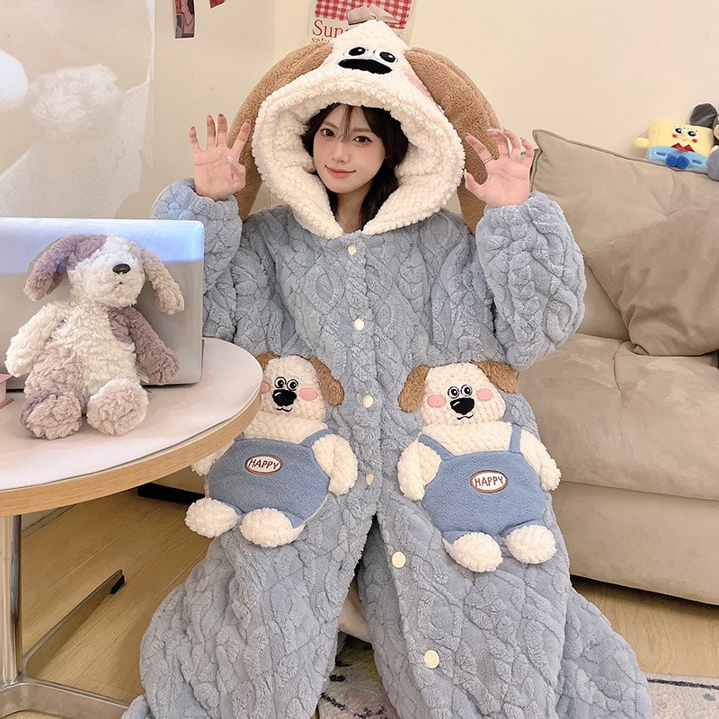 三层夹棉a睡衣女秋冬季珊瑚绒加厚加绒冬天保暖浴袍睡袍外穿家居