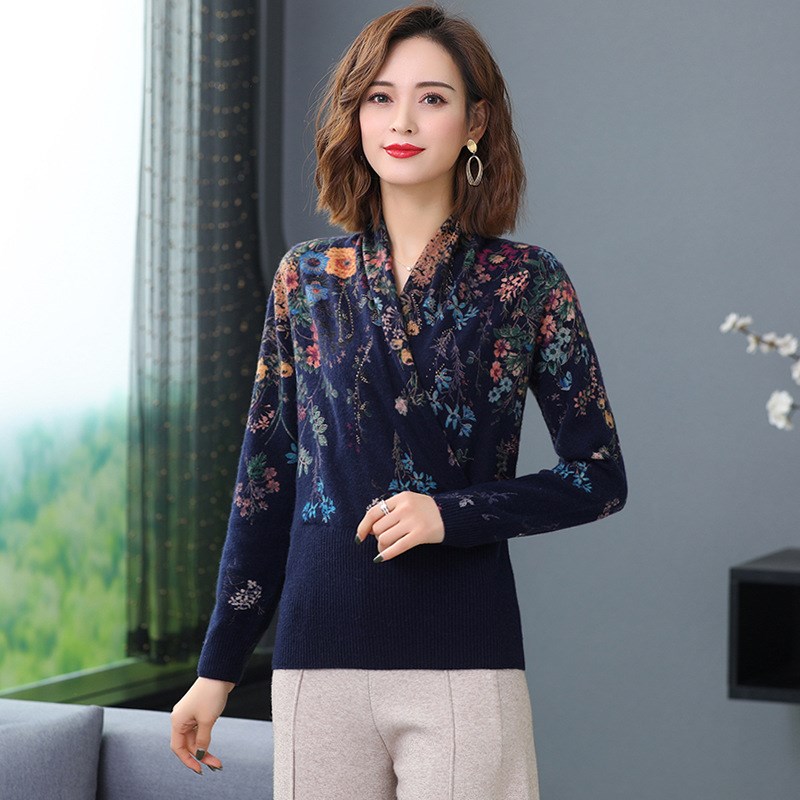 大码印花毛衣女士针织羊毛衫2023秋冬I季新款中年妈妈装修身打底