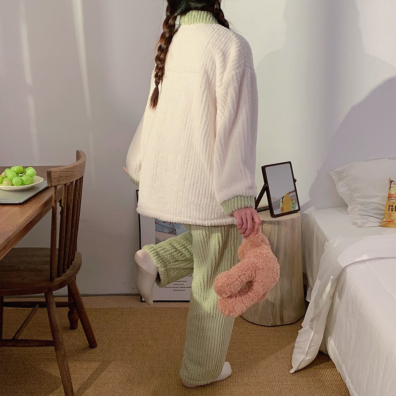 秋冬季睡衣女法兰绒开衫可爱珊瑚绒卡通加厚保暖可外X穿家居服套