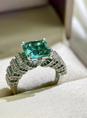 直播新款仿帕拉伊巴铁塔戒指湖绿色高碳钻绿锆Q石彩宝开口戒指