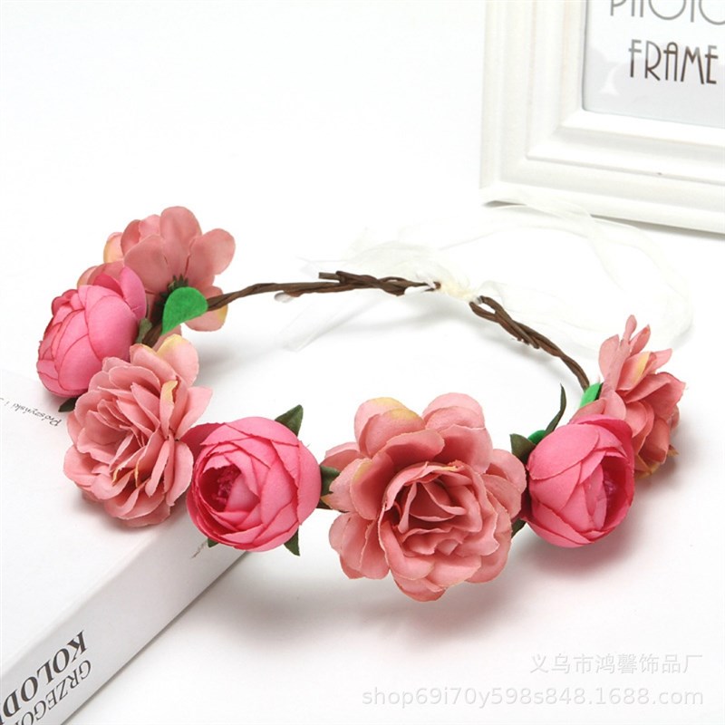 欧美跨境流行仿真k红玫瑰伴娘花环发箍海边旅游唯美花发带沙滩头