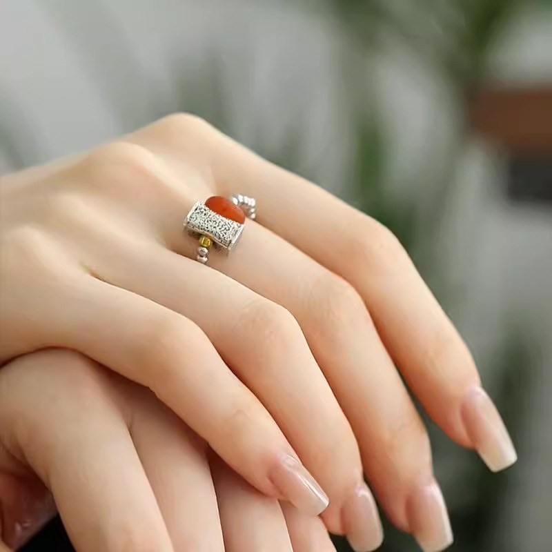 弹力绳小柿子方枕戒指女新中式复古做旧I小众个性气质国风开口指