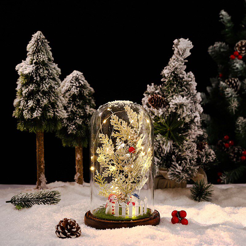 厂货新款雪人圣诞树玻璃罩松木碳化底座 LEDO灯圣诞节礼物摆件