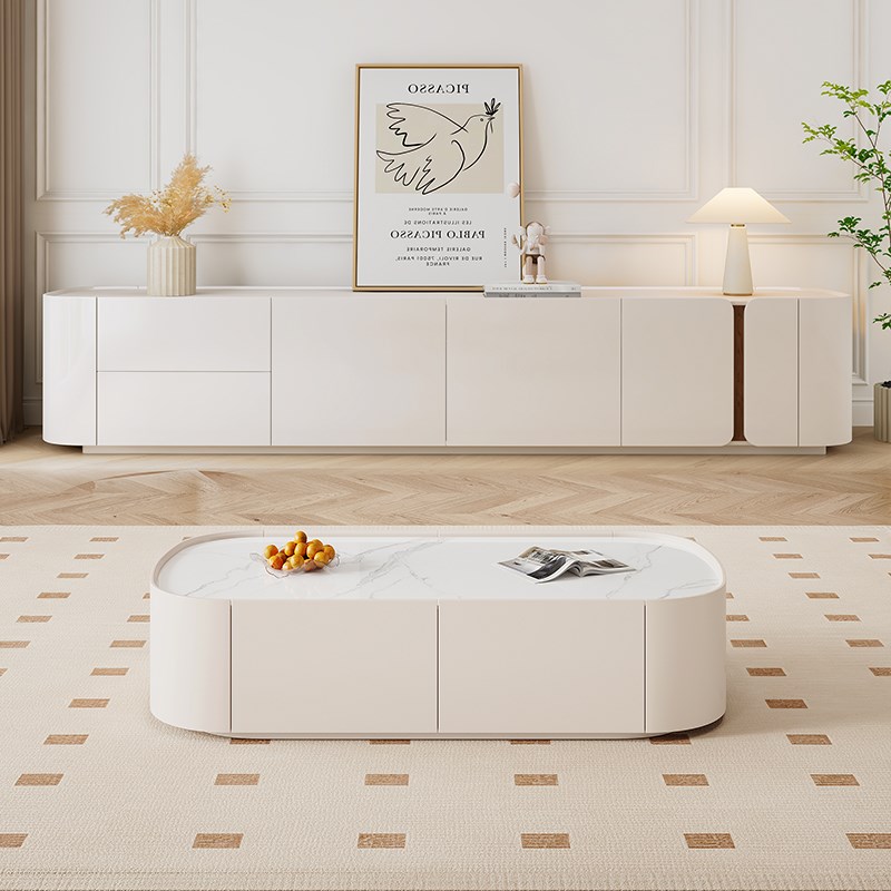 纯实木落地电视柜茶几组合现代简约小户型客厅奶油风岩板电视柜新