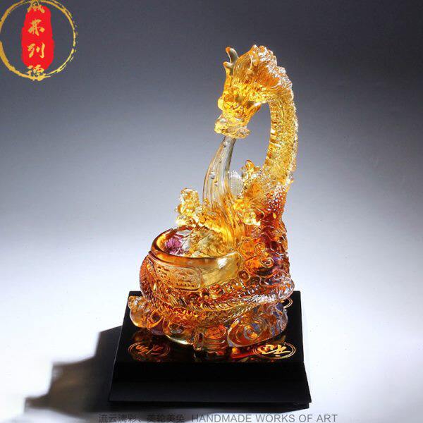 威弗列德客厅办公室玄关水晶装饰品开业礼琉璃龙形流水聚宝盆摆件