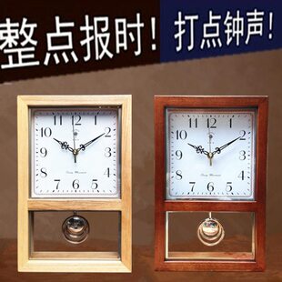 日式复古实木钟表家用客厅方形座钟北欧挂钟艺术台式摆件摇摆时钟