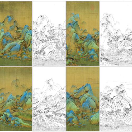 XM02王希孟千里江山图四条屏片段白描底稿4幅工笔画国画山水线描