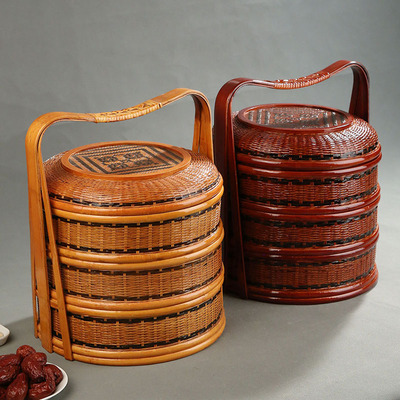 手工竹编提篮复古食盒多层送餐篮果篮收纳筐竹编野餐篮婚庆篮道具