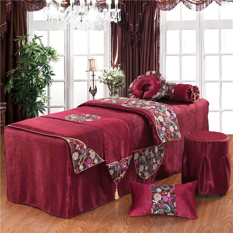 高档棉麻美容床罩四件套美容院专用欧式轻奢洗头按摩床套纯色简约