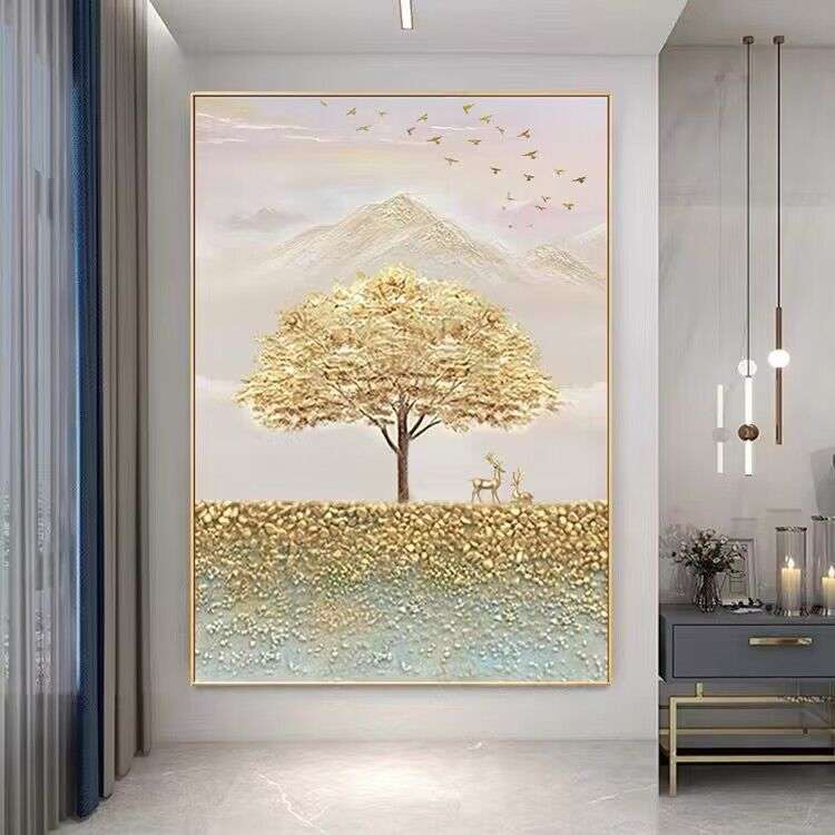 手绘油画发财树入户玄关装饰画轻奢麋鹿走廊过道壁画进门挂画竖版图片