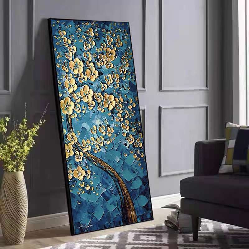 蓝韵发财树手绘油画现代简约入户玄关装饰画立体厚油走廊过道挂画图片