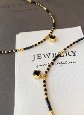 黑色玛瑙串珠秋冬毛衣项链复古高级感轻奢小众设计吊坠颈链锁骨链